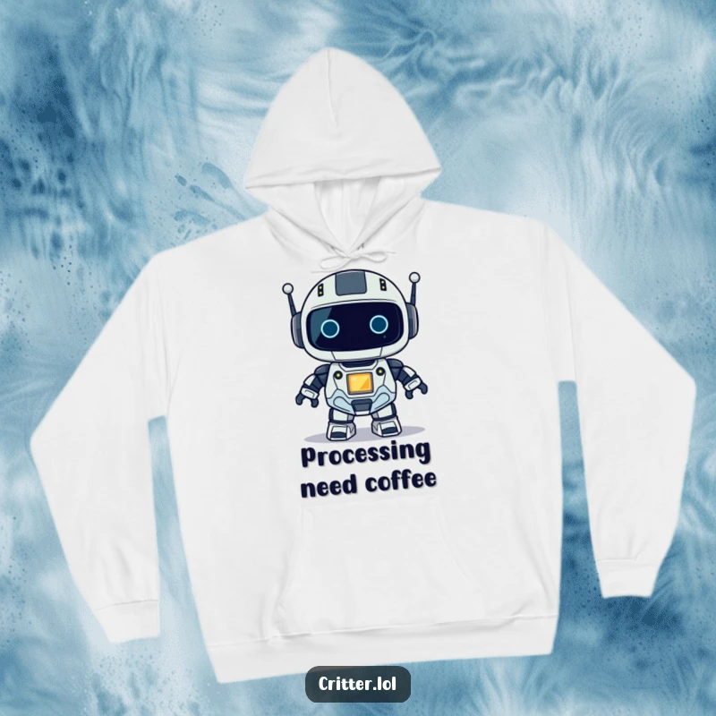 Funny hoodie featuring a friendly small robot with an illuminated blinking light, embodying a fun, technological theme.