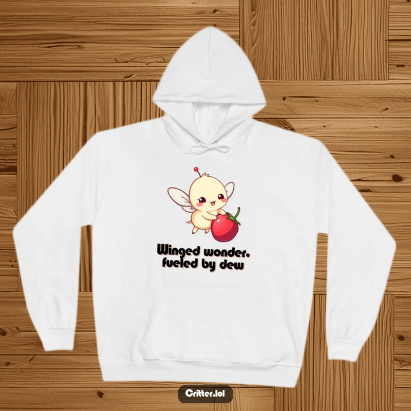 Funny hoodie with a whimsical critter in flight, depicted joyfully circling a plump berry, creating a cozy, cute scene.