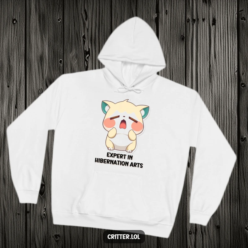 Funny sleepy critter character yawning wide with closed eyes, depicted on a warm hoodie, offering ultimate comfort and humor, a great gift.