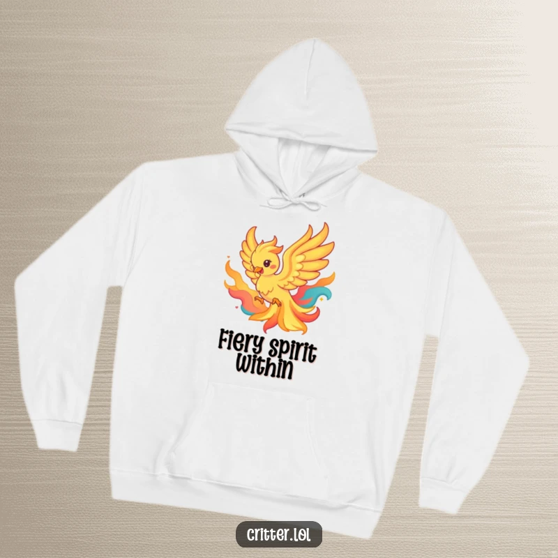 Funny hoodie showing a playful phoenix emerging from vibrant flames, perfect for warmth and inspirational vibes.