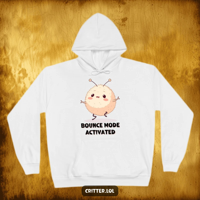 Funny hoodie illustration of a round, furry creature with antennae bouncing with glee on its springy legs. A warm and humorous design for everyday wear.