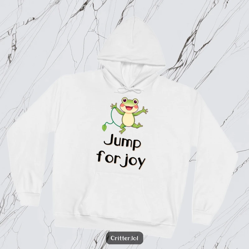 Funny frog hoodie featuring a joyful amphibian character energetically jumping rope with a vine, perfect for cozy fun.