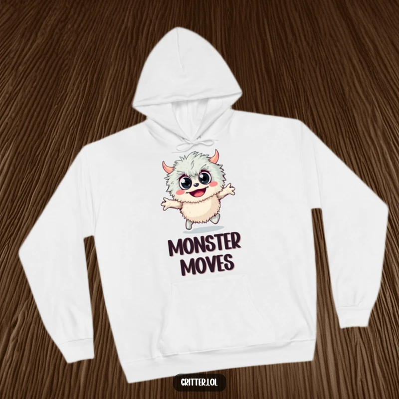 Funny fuzzy monster hoodie with googly eyes and a joyful skipping pose, offering warmth and a touch of silly, delightful humor.