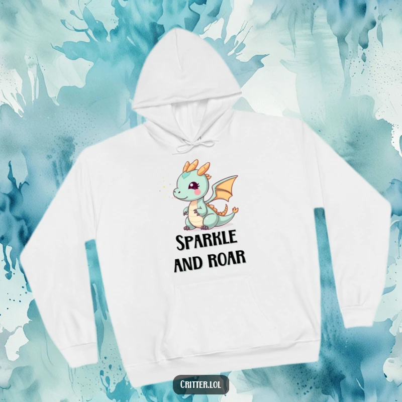 Funny tiny dragon hoodie with a small dragon exhaling sparkly smoke, offering warmth and a touch of enchanting, mythical humor.