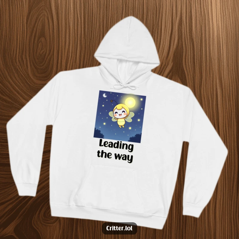 Funny firefly hoodie depicting a cheerful character illuminating the night with a soft, bright glow, offering comfort and warmth.