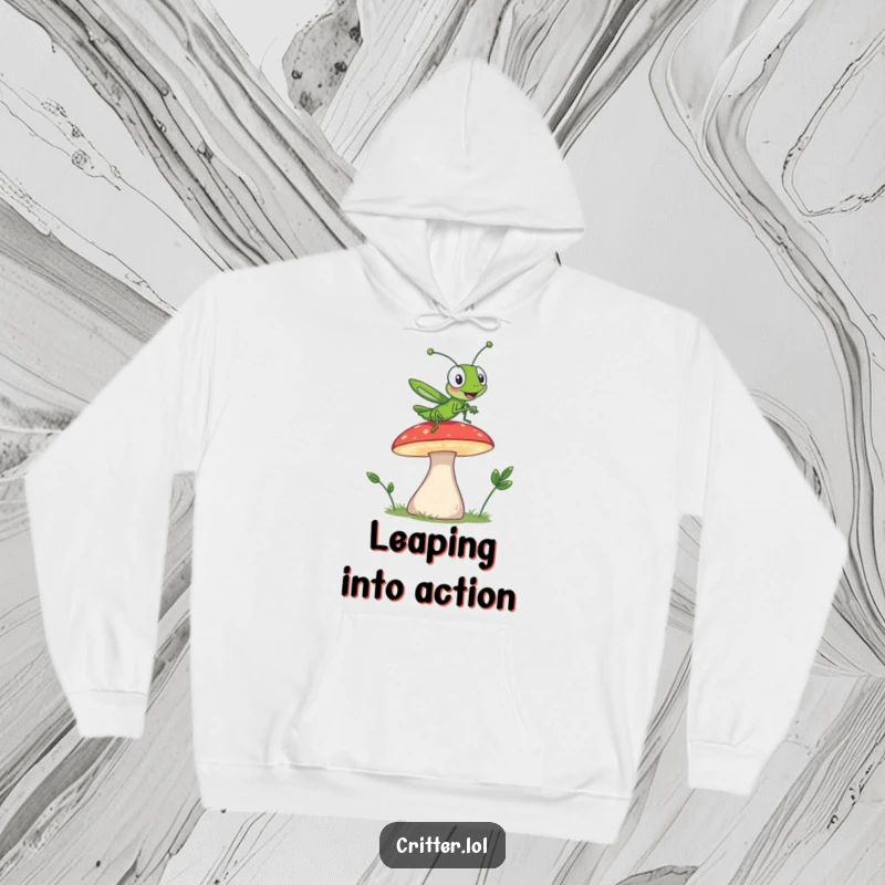 Funny hoodie featuring a giggling grasshopper mid-jump off a mushroom, designed for warmth and humorous, energetic style.