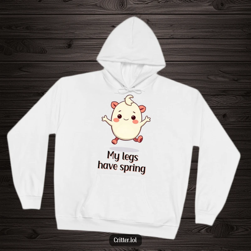 Funny hoodie featuring a bouncy creature with rubbery legs hopping with amusement, offering cozy fun.