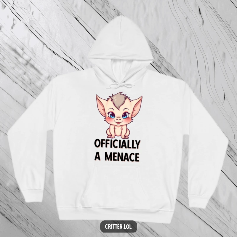 Funny hoodie with a charming imp character, complete with prominent pointy ears and a cheeky, mischievous expression.