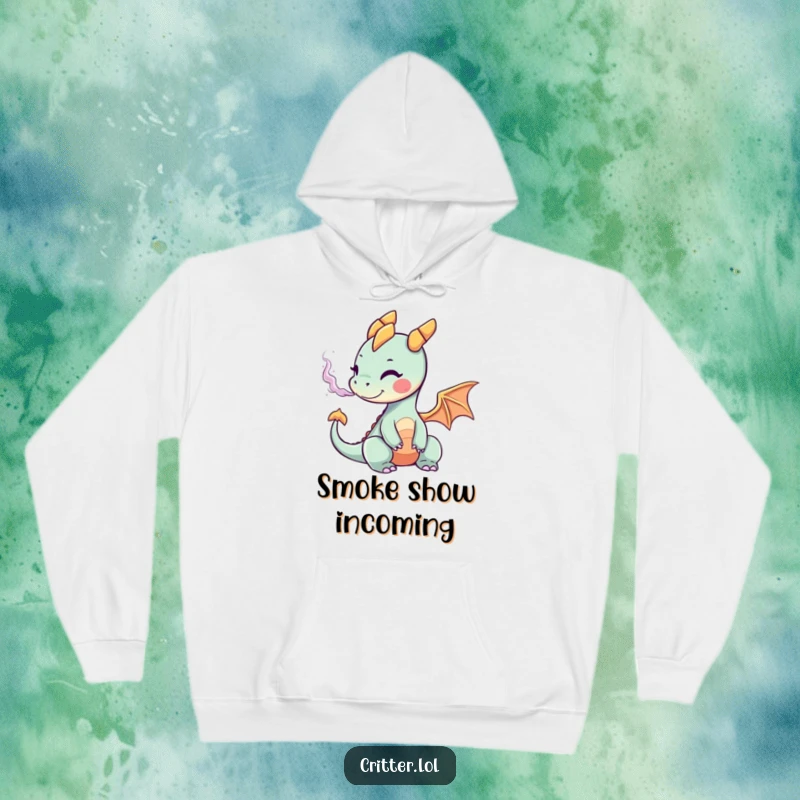 Funny hoodie with a miniature dragon artistically exhaling a swirling cloud of bright, cheerful smoke, symbolizing fun.