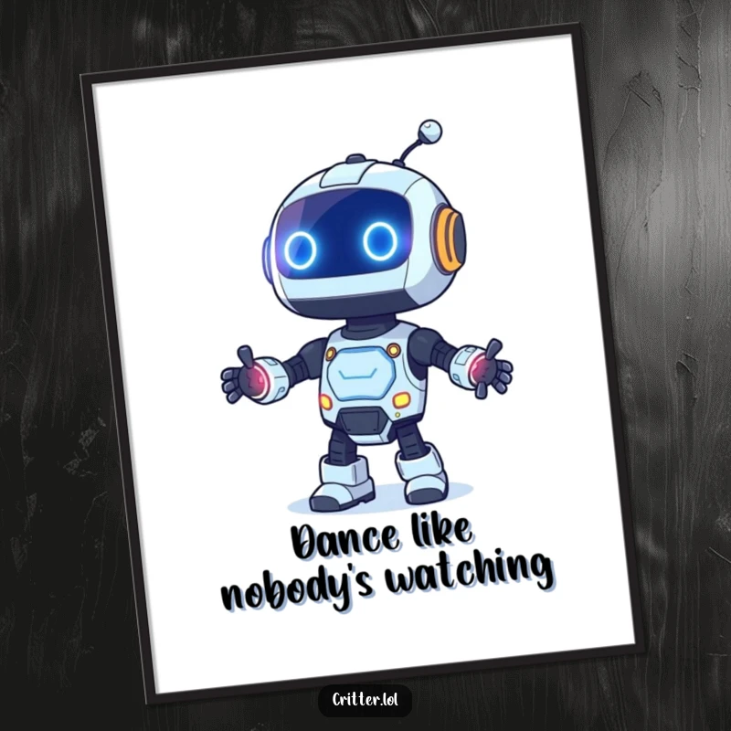 Funny Free Printable Wall Art showcasing a curious robot in mid-dance with its lights blinking dynamically, adding a playful touch.