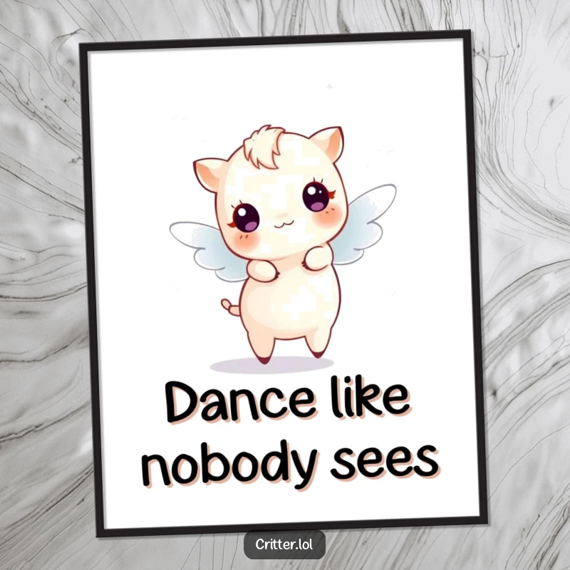 Funny Free Printable Wall Art displaying a tiny, winged creature joyfully dancing amidst a cascade of glittery sparkles.