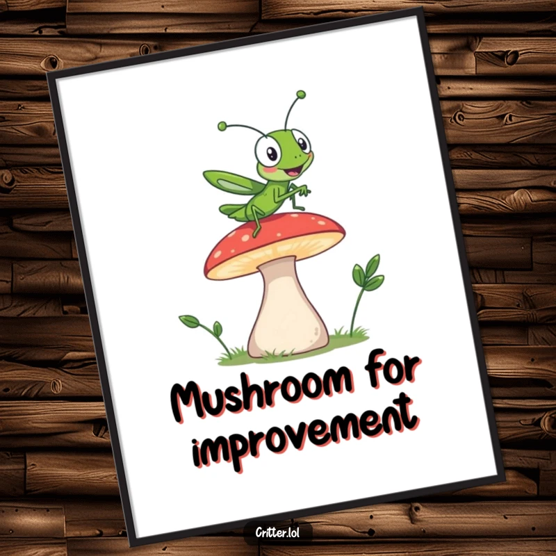 Funny Free Printable Wall Art: Giggling grasshopper captured mid-high jump off a mushroom, a funny and energetic scene for your walls.