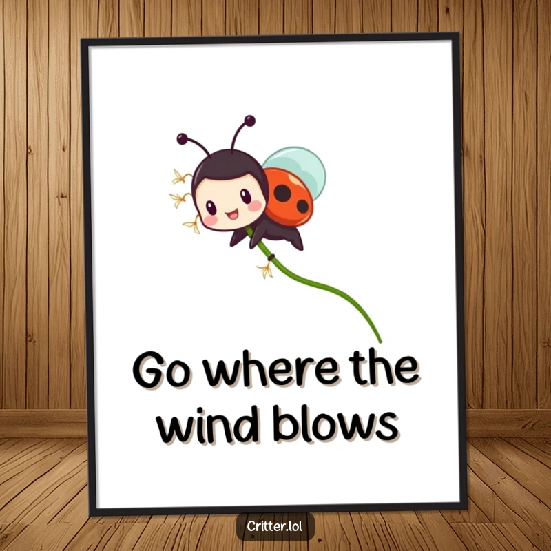 Funny Free Printable Ladybug Wall Art: Tiny ladybug gleefully rides a flying dandelion seed, adding whimsical, natural decor.