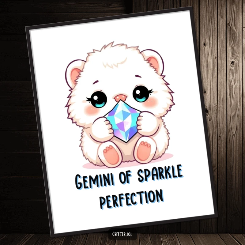 Funny Free Printable Wall Art: A fluffy creature cherishes a luminous gem, creating a whimsical art piece.