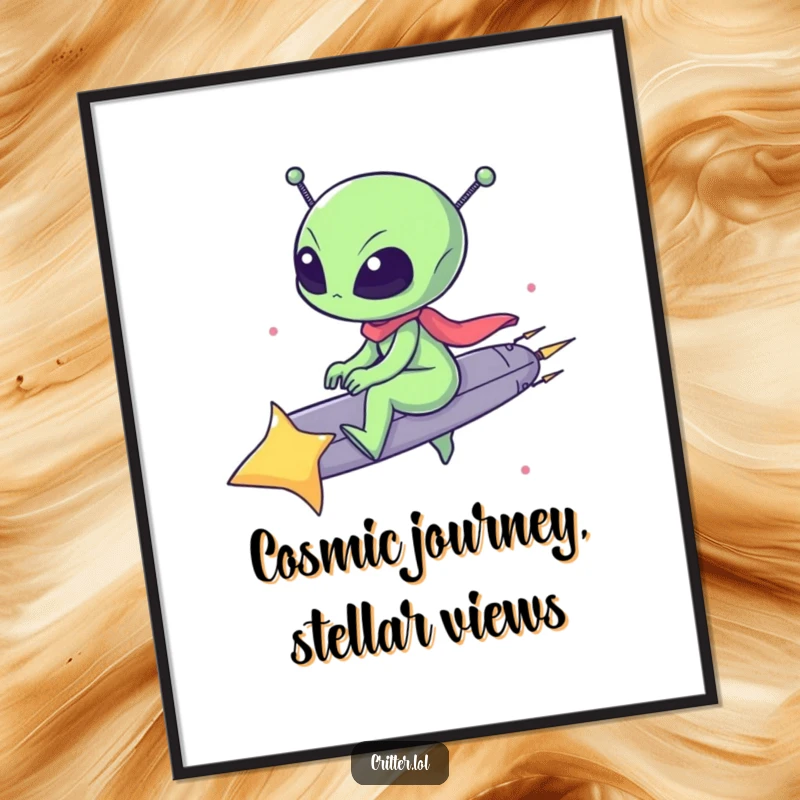 Funny Free Printable Wall Art: A quirky alien astronaut gleefully rides a blazing shooting star through a starry night sky, full of wonder.