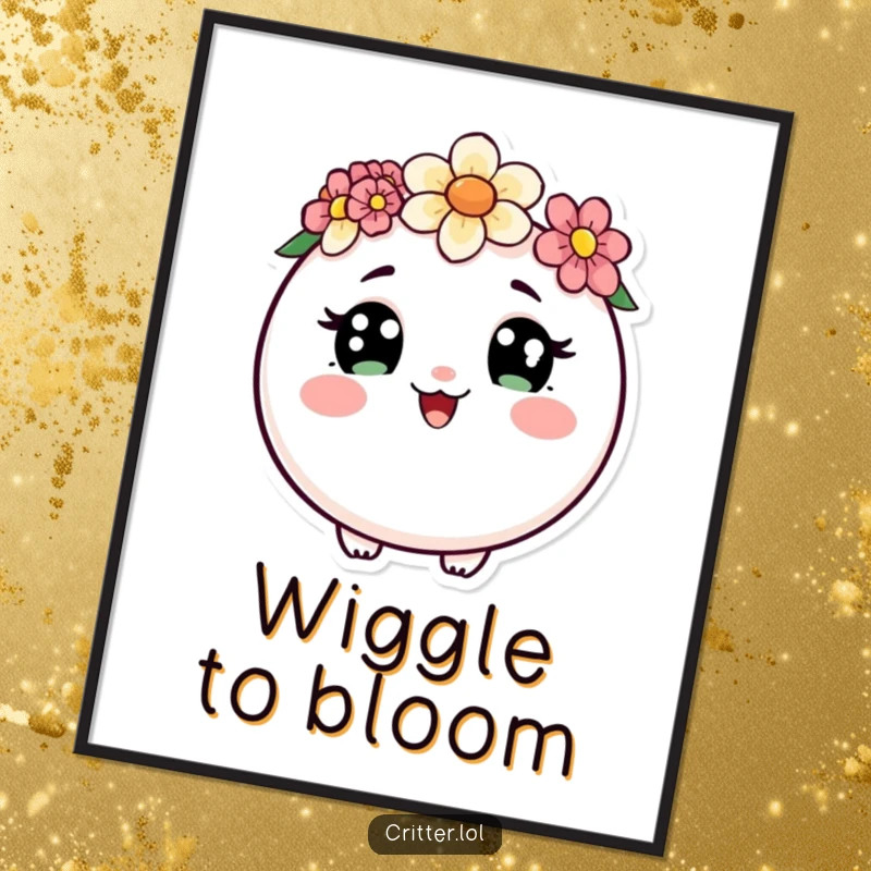 Funny Free Printable Wall Art: Round critter with curious eyes and flower crown doing a happy wiggle, DIY.