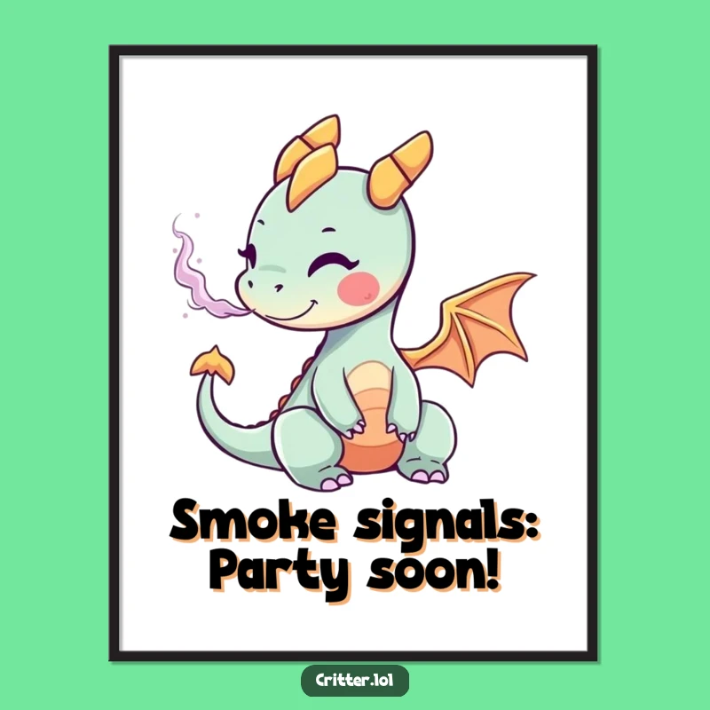 Funny Free Printable Wall Art: Adorable Dragon Puffing Colorful Smoke, Downloadable Decor