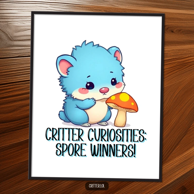 Funny Free Printable Wall Art: A blue furry critter with antennas curiously sniffs a glowing mushroom, creating whimsical decor.