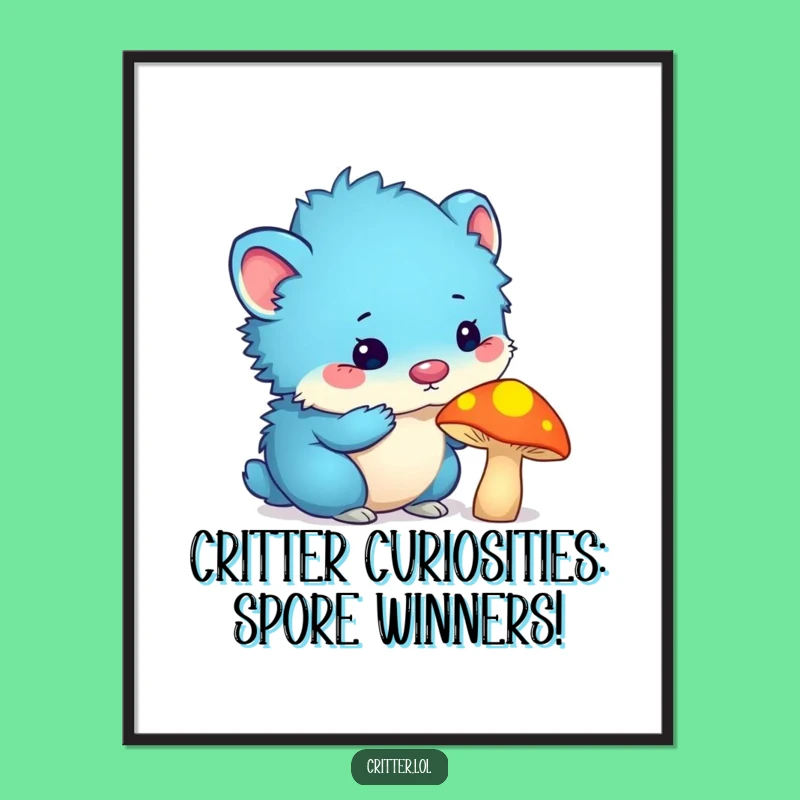 Funny Free Printable Wall Art: Blue Critter & Mushroom, Quirky Downloadable Decor