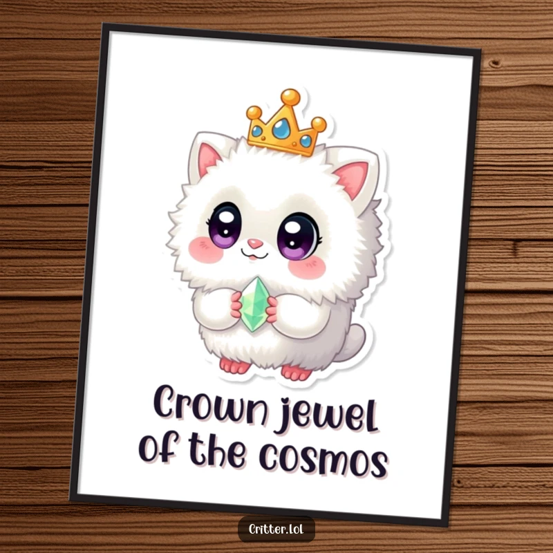 Funny Free Printable Wall Art: A fuzzy creature with big eyes wears a crown and holds a tiny gem, looking majestic.