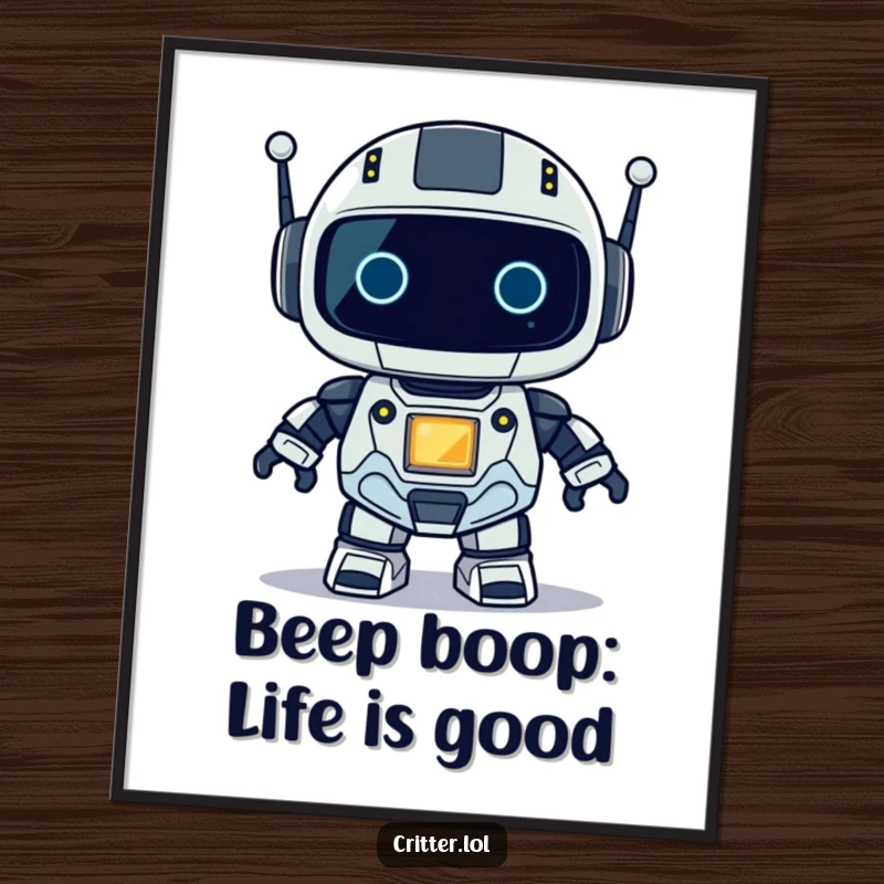 Funny Free Printable Wall Art: A small robot character stands with its light blinking, a unique piece of decor.