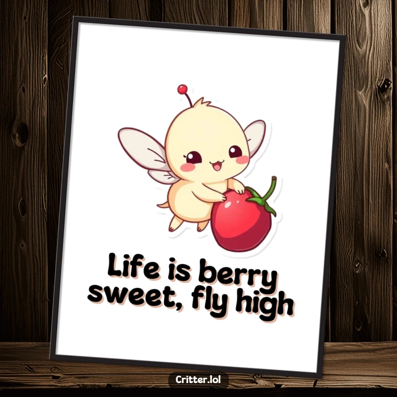 Funny Free Printable Wall Art: Whimsical winged critter delighting in a juicy berry, creating a whimsical and happy scene.