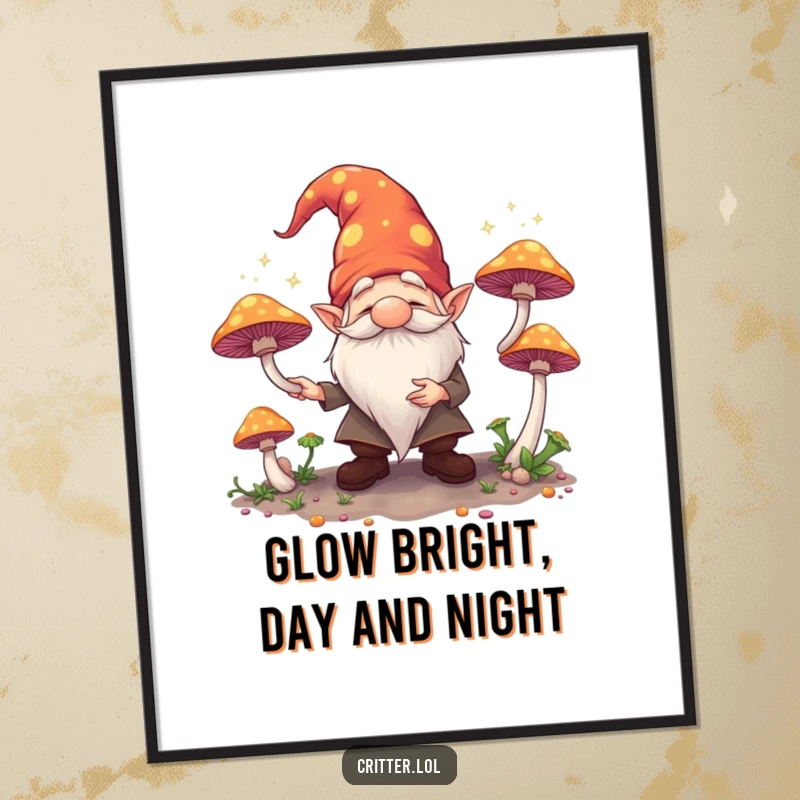 Free Printable Wall Art: A delightful gnome joyfully juggles brightly glowing mushrooms in a mystical forest setting, full of wonder.