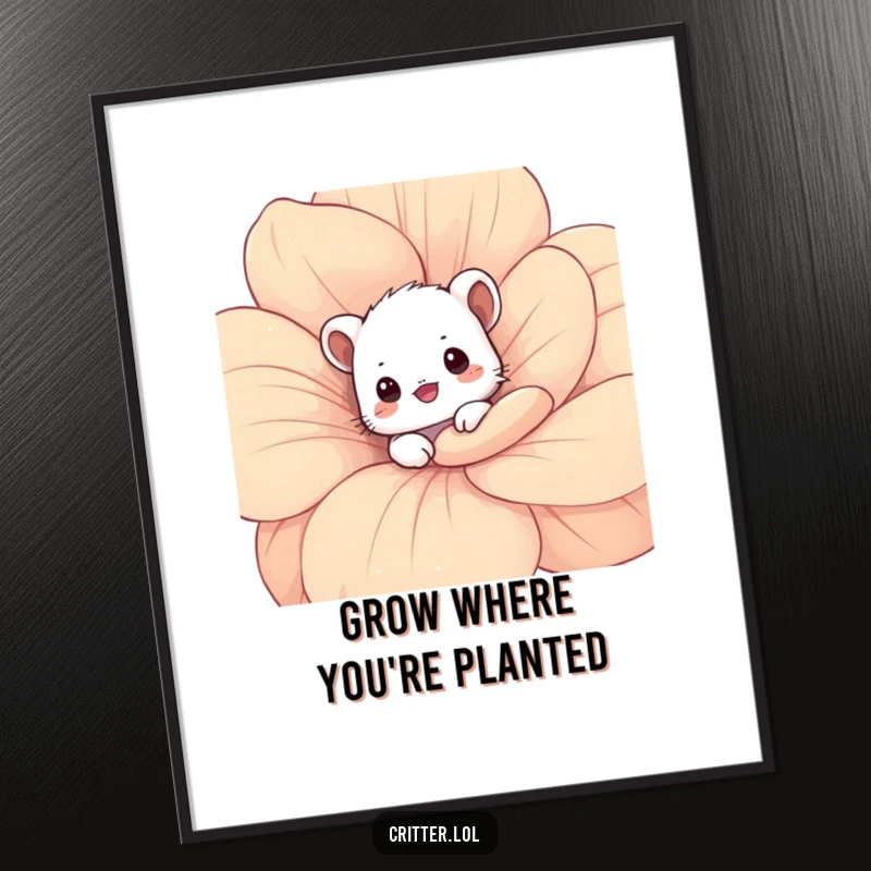 Funny Free Printable Wall Art: A shy critter peeks from behind a vibrant flower petal. Cute, downloadable art for a gentle vibe.