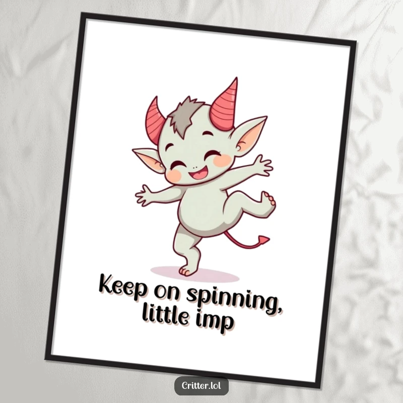 Funny Free Printable Wall Art featuring a cute imp with devil horns performing a dynamic cartwheel, adding playful energy.
