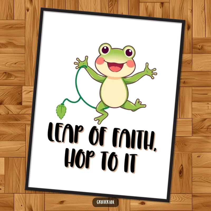 Funny Free Printable Wall Art: A happy frog energetically jumping rope with a long vine, showcasing pure joy and activity.