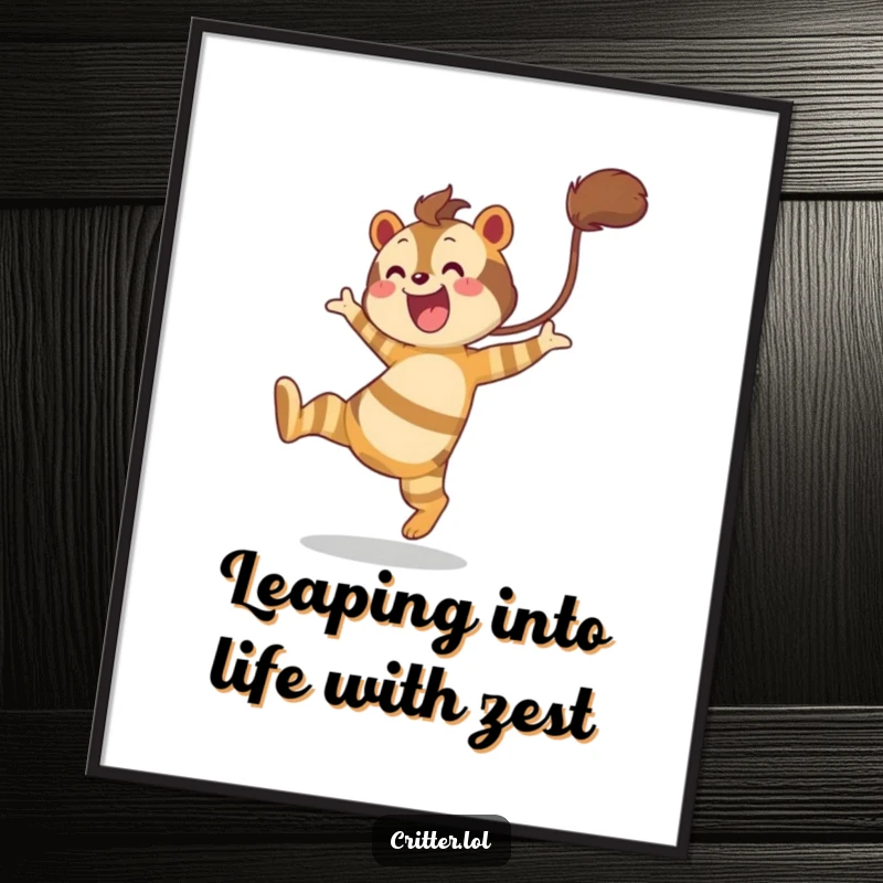 Funny Free Printable Wall Art: A striped creature with a bushy tail leaping joyfully, captured mid-air with pure, infectious happiness.