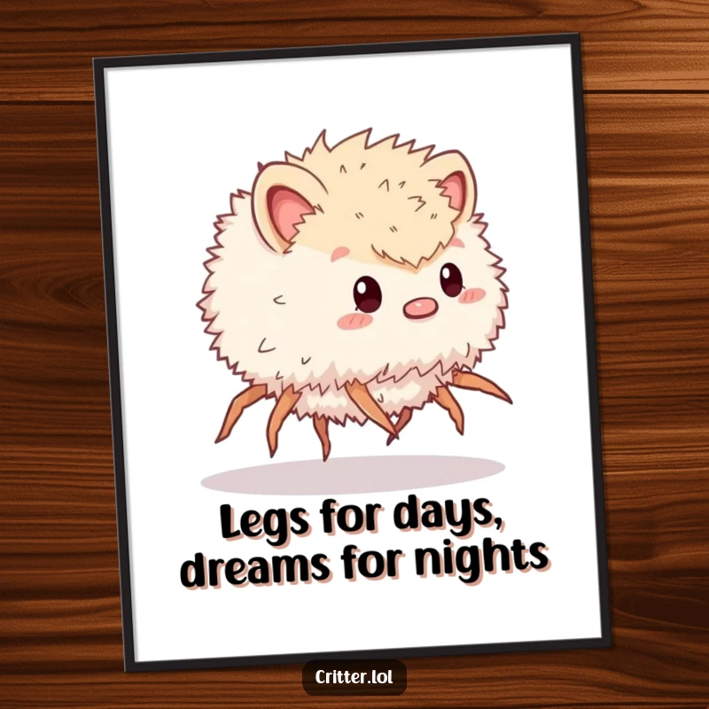 Funny free printable wall art: A fluffy critter with many legs in motion, captured in a humorous, speedy dash.