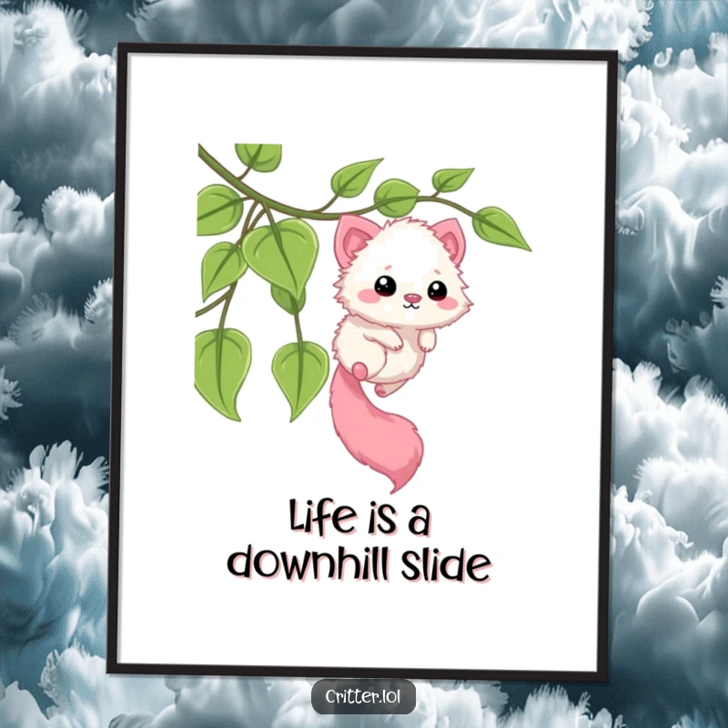 Funny Free Printable Wall Art: A fuzzy critter with a long tail joyfully sliding down a leafy vine, embodying playful adventure.