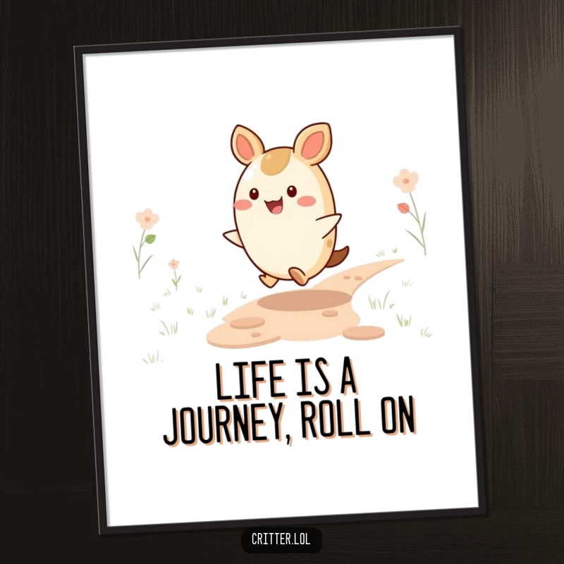 Free Printable Wall Art: Happy round critter skipping energetically along a path, conveying pure joy and whimsy.