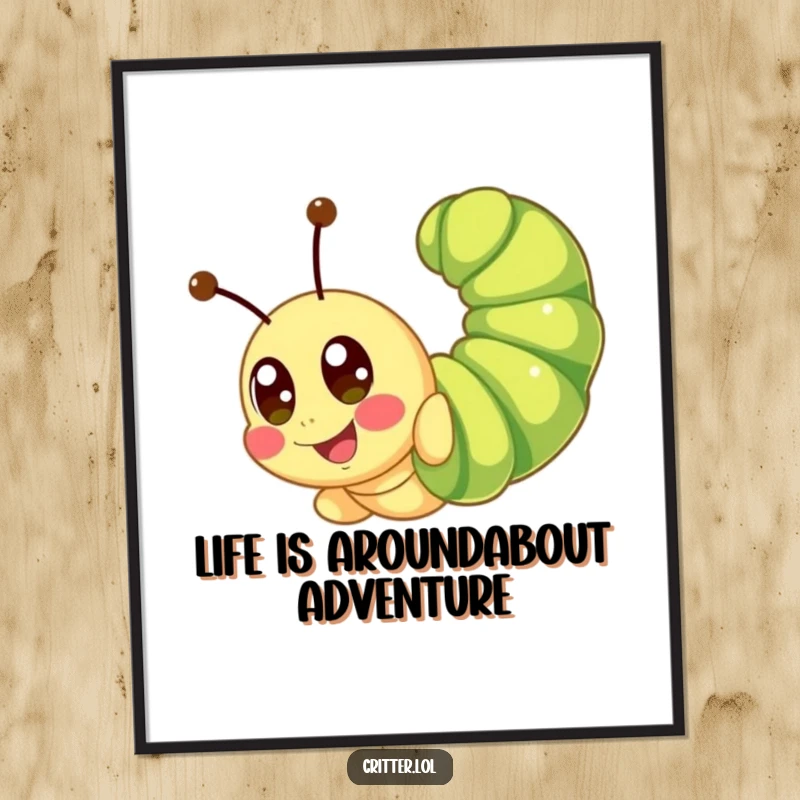 Funny Free Printable Wall Art: A cute caterpillar mid-somersault with big, happy eyes, bringing playful energy to any room.