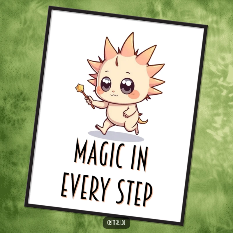 Funny Free Printable Wall Art: Spiky creature with wide eyes holding a wand and skipping with flair, DIY.