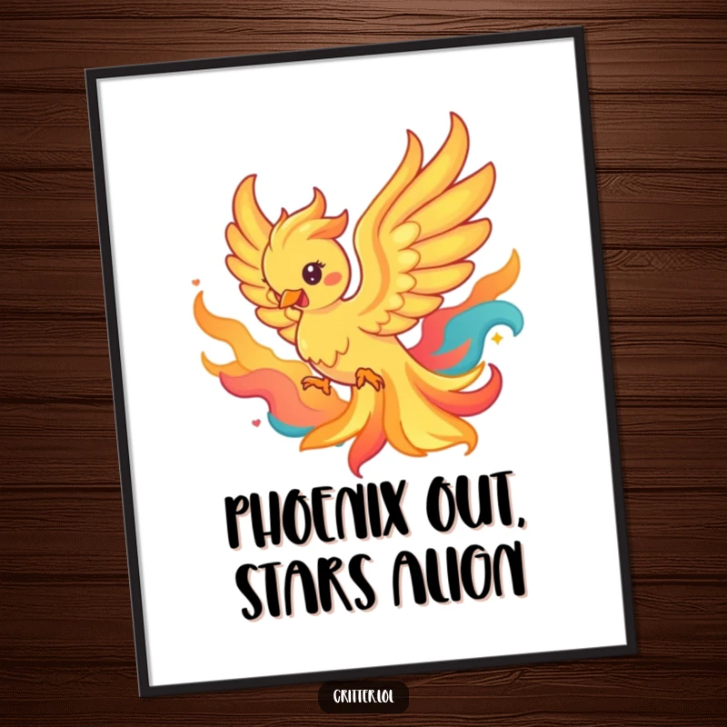 Funny Free Printable Wall Art depicting a powerful phoenix dramatically emerging from a vibrant, swirling vortex of colorful flames.