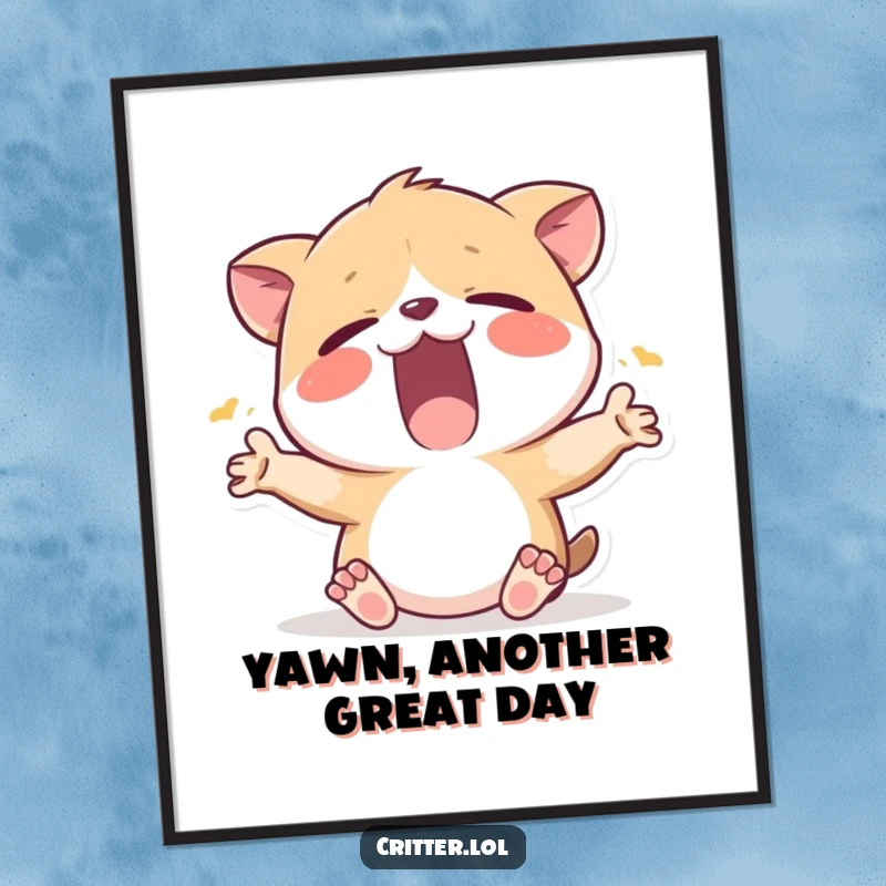 Funny Free Printable Wall Art: A sleepy critter yawning widely and stretching its limbs, embodying ultimate relaxation.