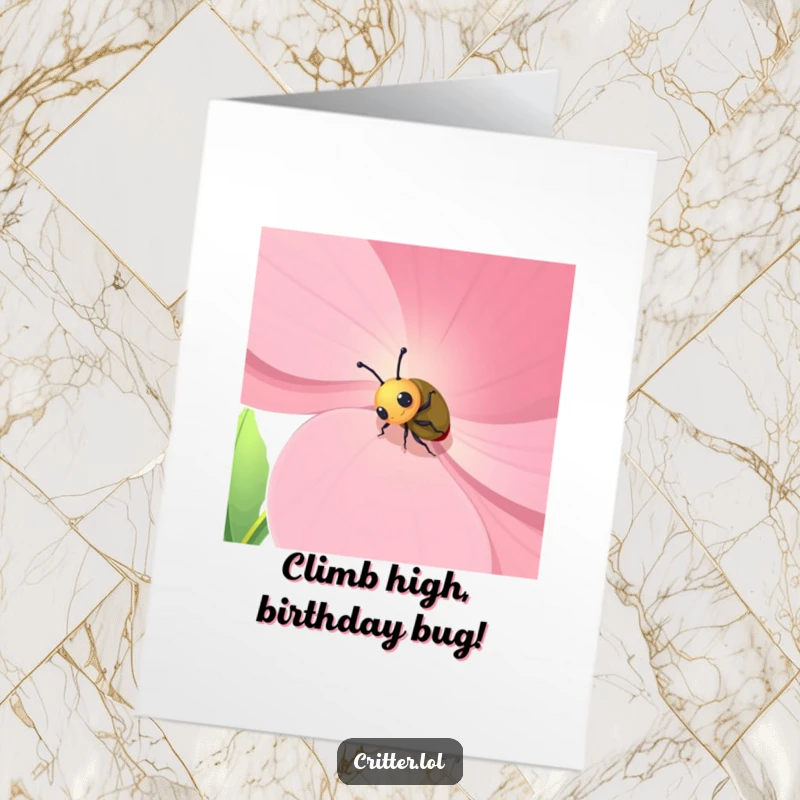 Funny Free Printable Birthday Card: Curious beetle enthusiastically climbing a huge flower petal, ready for a birthday surprise.