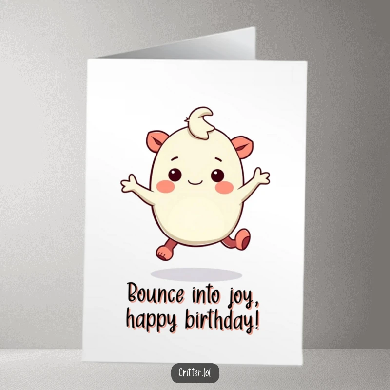 Funny Free Printable Birthday Card: Bouncy creature with rubbery legs hopping with amusement, radiating pure, uncontainable silliness and joy.