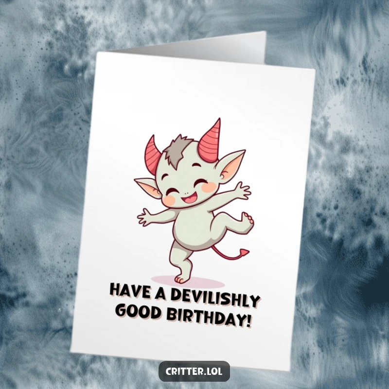 Funny Free Printable Birthday Card featuring a cute imp with devil horns performing a spirited cartwheel, ready to party.