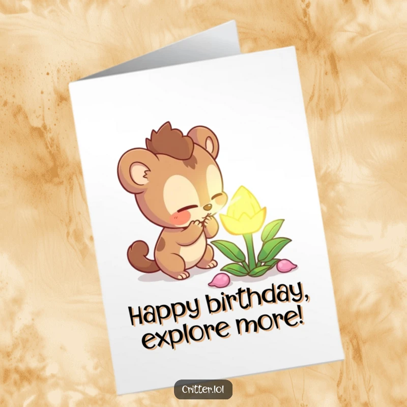 Funny Free Printable Birthday Card: Curious creature sniffing a glowing plant with intense focus, discovering magic, humorous downloadable gift.