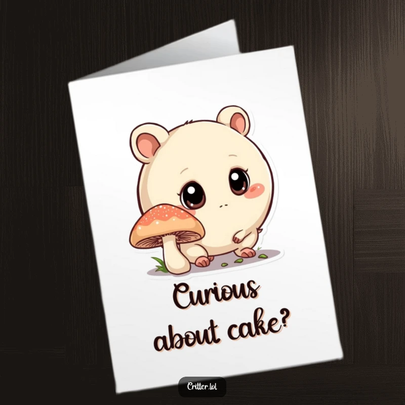 Funny Free Printable Birthday Card: A round critter with big eyes curiously sniffing a mushroom, ready for birthday fun.