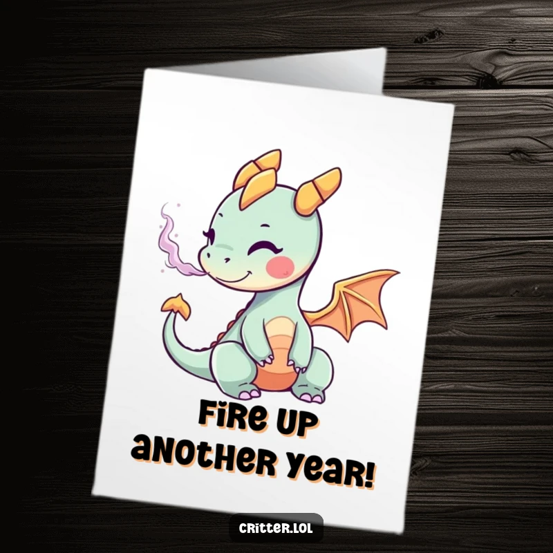 Funny Free Printable Birthday Card: Tiny dragon exhaling a vibrant cloud of colorful smoke, perfect for a humorous greeting.