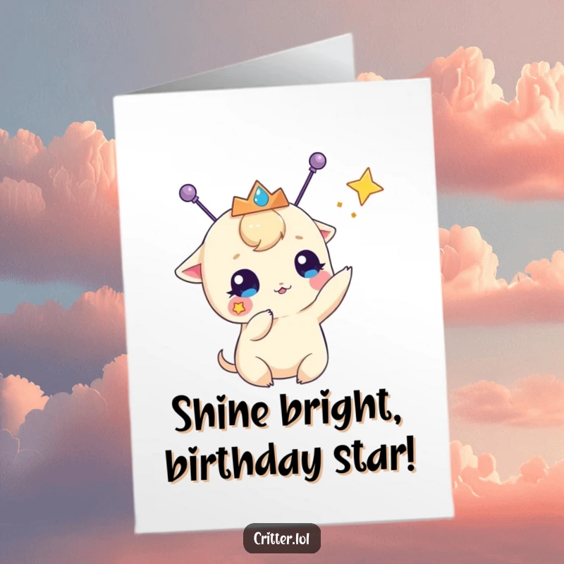 Funny Free Printable Birthday Card: Antennapod in tiara playfully whacking a shiny star, DIY downloadable gift.