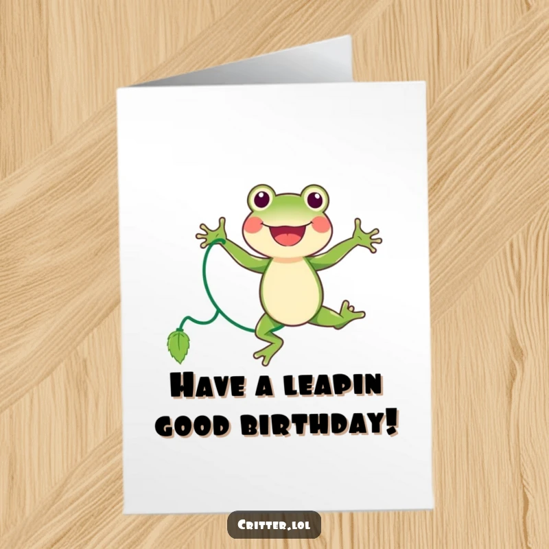 Funny Free Printable Birthday Card: A joyful frog energetically jumping rope with a long vine, celebrating a special day.