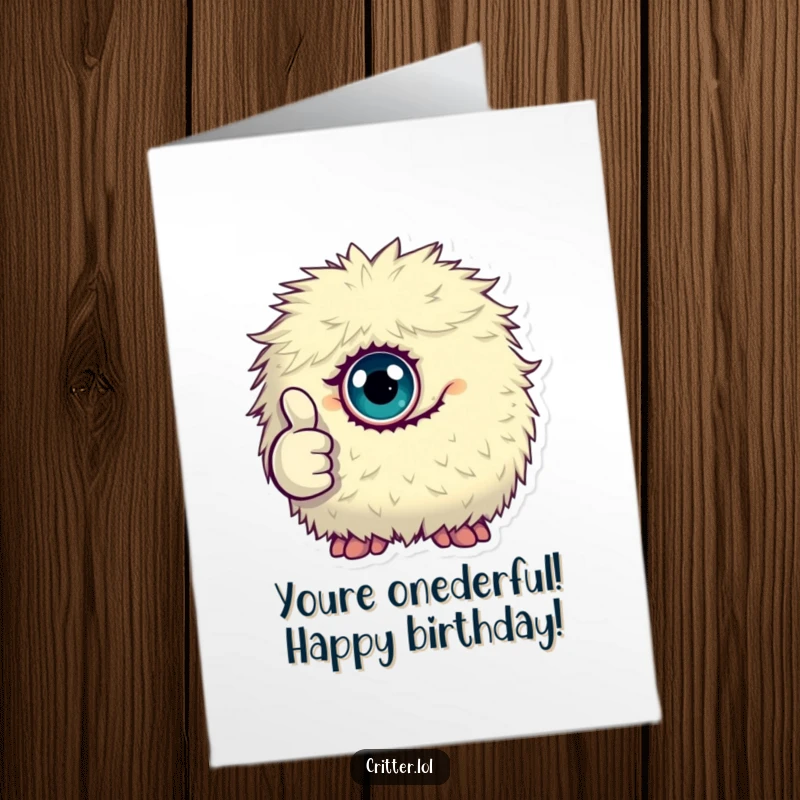Funny Free Printable Birthday Card: Tiny fluffy monster with one eye giving a thumbs up, cheerful birthday wish, downloadable art.