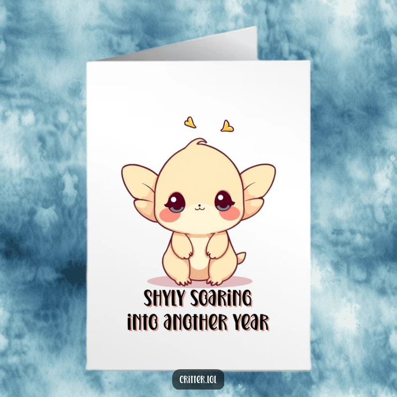 Funny Free Printable Birthday Card: A shy creature with tiny wings fluttering upwards gracefully, conveying sweet, humble birthday wishes.