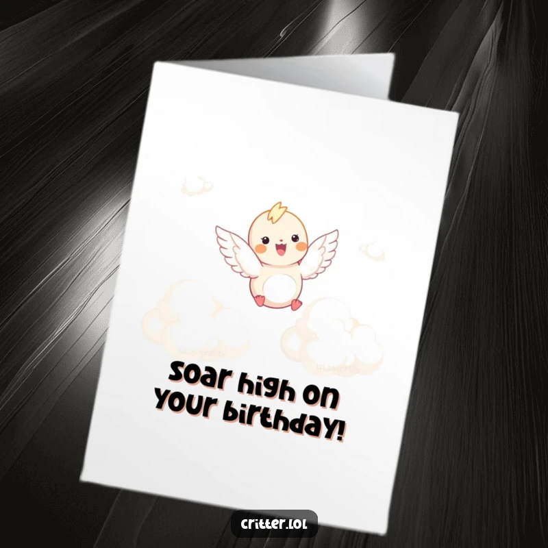 Funny Free Printable Birthday Card: Winged critter soaring joyfully through clouds, happy birthday wish, print at home
