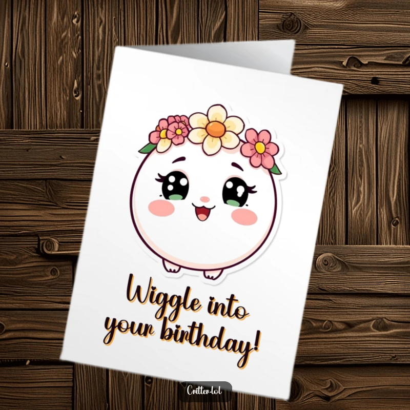 Funny Free Printable Birthday Card: Round critter with flower crown and curious eyes doing a happy wiggle, DIY.